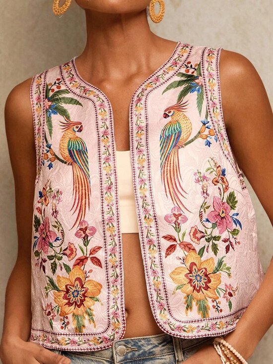 Jackets & Blazers - Multicolor Boho Women's Floral Embroidered Open Front Lightweight Vest Jacket